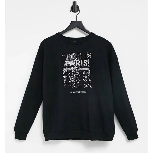 River island Sweatshirt black With Sequins Paris-themed Size S New - Picture 1 of 15